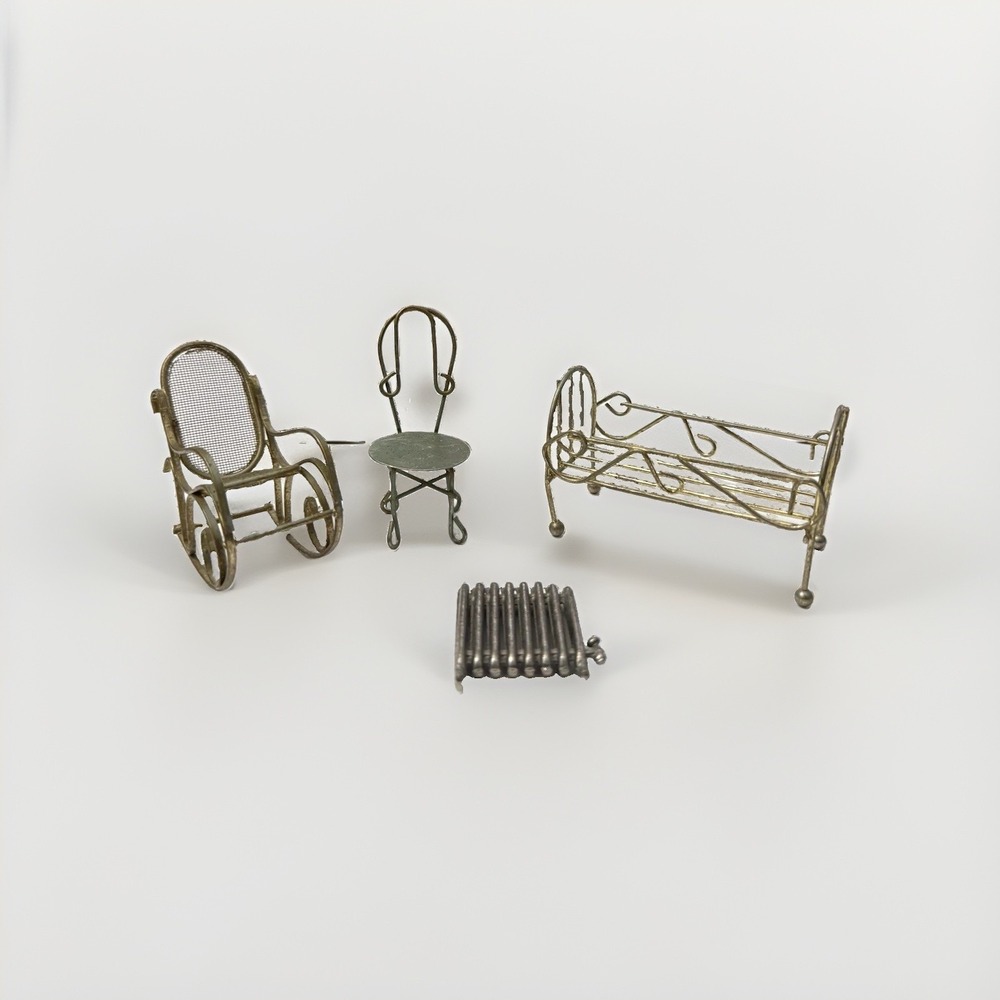 Vintage 1:12 Miniature Metal Gold Dollhouse Bedroom Set Lot Bed Chair Table 4pc